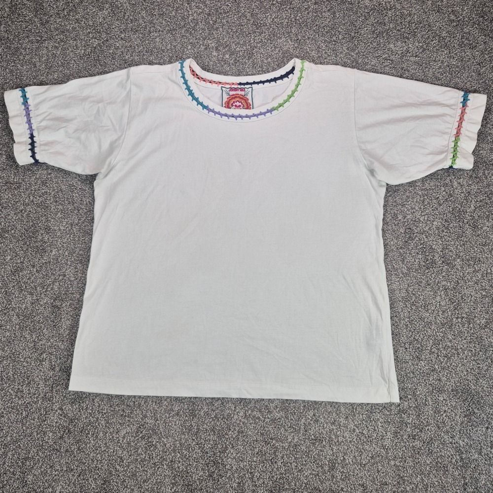 Johnny Was Crochet Crew Neck T-Shirt Womens Medium White Rainbow Trim Cotton